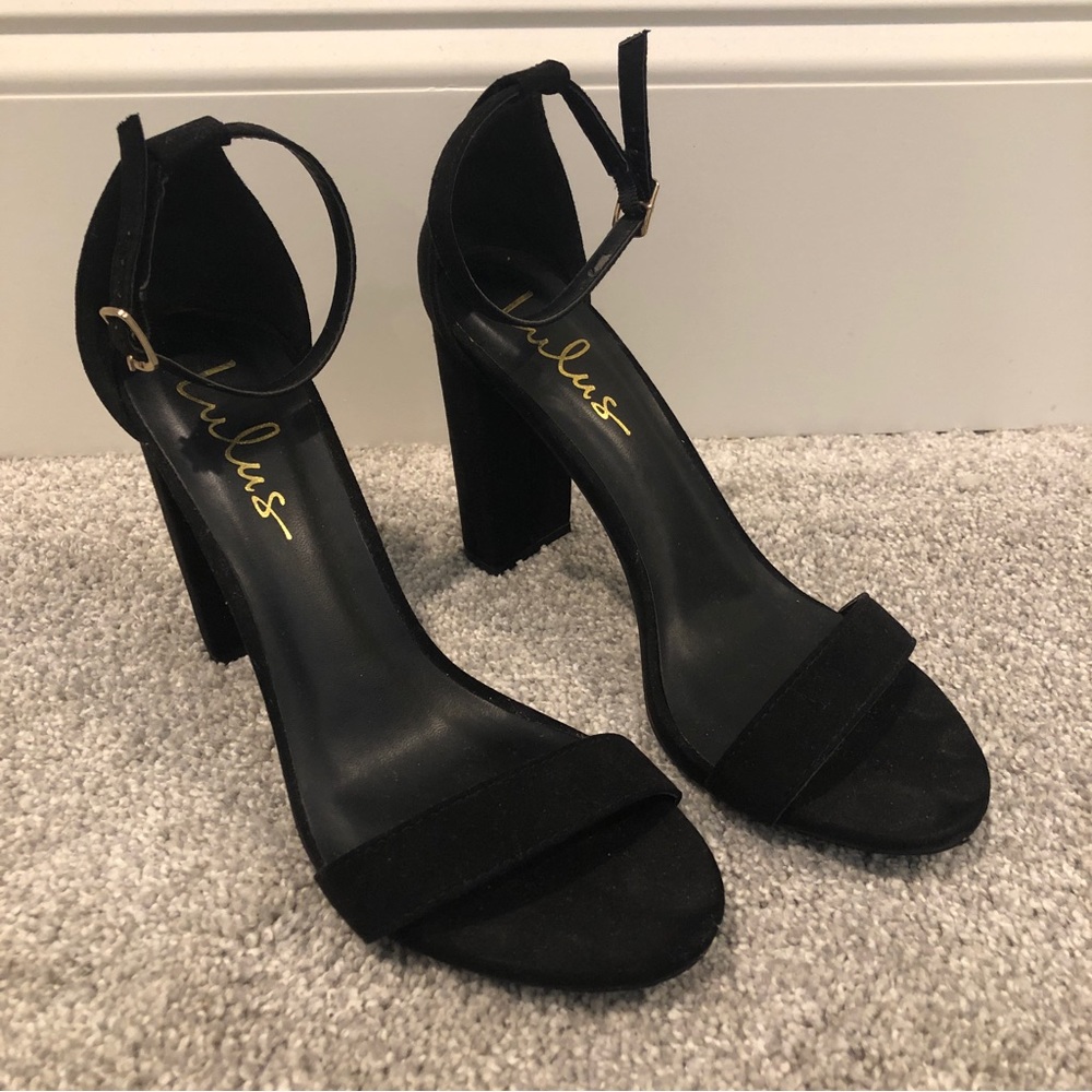 Lulus Black Suede Ankle Strap Heels